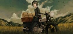  1girl absurdres androgynous arm_support belt belt_pouch bird black_hair black_jacket black_pants brough_superior closed_mouth clouds cloudy_sky collared_shirt expressionless full_body grey_eyes hair_between_eyes hermes_(kino_no_tabi) highres jacket kino_(kino_no_tabi) kino_no_tabi long_sleeves looking_at_viewer minami02573255 motor_vehicle motorcycle mountain mountainous_horizon outdoors pants pouch shirt short_hair sidelocks sky solo suitcase wheat_field white_shirt 