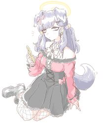  1girl :o animal_ears bare_shoulders black_boots black_hair black_skirt blue_archive boots bow breasts center_frills choker copyright_notice dog_ears dog_girl dog_tail earrings extra_ears fishnet_pantyhose fishnets frilled_shirt frills full_body hair_bobbles hair_bow hair_ornament halo hariyaa hibiki_(blue_archive) hibiki_(jirai_kei)_(blue_archive) high-waist_skirt highres holding holding_phone jewelry jirai_kei light_blush long_hair long_sleeves looking_at_viewer off-shoulder_shirt off_shoulder pantyhose parted_lips phone pink_shirt shirt shirt_tucked_in simple_background sitting skirt small_breasts solo tail twintails violet_eyes white_background yokozuwari 