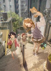  4girls absurdres asakura_toru bag black_hair blue_nails brown_hair brown_skirt camera casual cellphone commentary_request curtained_hair fingernails fukumaru_koito grey_sweater_vest hair_bun hair_ornament head_tilt highres higuchi_madoka holding holding_camera holding_phone ichikawa_hinana idolmaster idolmaster_shiny_colors looking_at_phone multiple_girls nail_polish noctchill_(idolmaster) outdoors phone photo_background pom_pom_(clothes) pom_pom_hair_ornament selfie shirt shoulder_bag single_side_bun skirt slice_of_life smartphone stairs sweater_vest taking_picture tanupon v white_shirt 