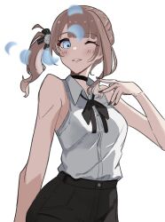  1girl arm_at_side bare_arms black_bow black_bowtie black_choker black_nails black_ribbon black_shorts blue_eyes blunt_bangs blush bow bowtie breasts brown_hair chainsaw_man choker collared_shirt cosplay crescent_moon ena_25ji gibbous_moon hair_ribbon half_moon hand_up high-waist_shorts highres looking_at_viewer medium_breasts mochizuki_honami moon moon_phases nail_polish one_eye_closed project_sekai reze_(chainsaw_man) reze_(chainsaw_man)_(cosplay) ribbon shirt shirt_tucked_in shorts side_ponytail sidelocks simple_background sleeveless sleeveless_shirt smile solo striped_ribbon ueda_reina voice_actor_connection white_background white_shirt 