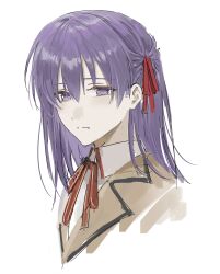  1girl brown_jacket closed_mouth collared_shirt commentary cropped_shoulders expressionless fate/stay_night fate_(series) hair_between_eyes hair_ribbon highres homurabara_academy_school_uniform jacket lapels long_hair matou_sakura neck_ribbon notched_lapels portrait purple_hair red_ribbon ribbon school_uniform shiro_(siro_kuten) shirt simple_background solo untranslatable_commentary violet_eyes white_background white_shirt 