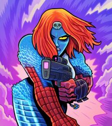  abstract_background blue_background body_fur bodysuit character_request check_character chimerism colossus_(x-men) cosplay dan_hipp feathers fusion game_asset gun hair_flowing_over hair_ornament hair_over_one_eye handgun hexafusion lightning marvel metal_skin mystique official_art one_eye_covered red_bodysuit red_hair science_fiction scope serious skull skull_hair_ornament smoke spider-man superhero_costume teeth weapon x-men yellow_eyes 