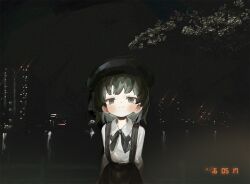  1girl beret black_skirt collared_shirt commentary doubutsunoujyou hat hatoba_tsugu looking_at_viewer night ribbon shirt skirt smile solo suspender_skirt suspenders tsugu_(vtuber) white_shirt 