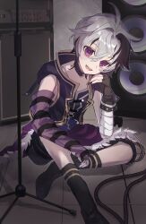  1girl absurdres ahoge androgynous arm_warmers bandaged_arm bandages black_boots black_gloves black_hair black_nails boots collar flower_(vocaloid) flower_(vocaloid4) fur_trim gloves go_onnu head_tilt highres jacket looking_at_viewer microphone_stand multicolored_hair on_floor open_mouth shirt short_hair single_glove sitting sleeveless smile solo speaker streaked_hair striped_arm_warmers teeth upper_teeth_only violet_eyes vocaloid white_hair 