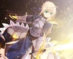  ahoge armor armored_dress avalon_(fate/stay_night) blonde_hair blue_dress braid breastplate corset dress excalibur fate/stay_night fate/zero fate_(series) faulds gauntlets glowing hair_bun hair_ribbon light_particles puffy_sleeves ribbon saber satomi sheath short_hair solo sword weapon 