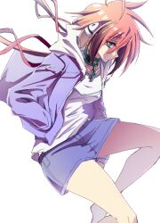  1girl barefoot black_streaks blue_jacket blue_shorts breasts chain closed_mouth collar commentary_request drawstring gradient_hair green_eyes hands_in_pockets highres hood hood_down hooded_jacket ikamochi_kalong ikaros jacket long_hair long_sleeves looking_at_viewer low_twintails medium_breasts metal_collar multicolored_hair open_clothes open_jacket pink_hair profile robot_ears shirt shorts sideways_glance simple_background solo sora_no_otoshimono streaked_hair twintails white_background white_shirt 