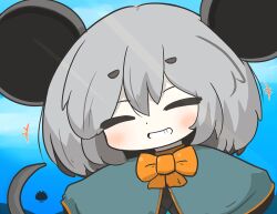  +++ 1girl ^_^ animal_ears black_dress blue_capelet blue_sky bow capelet closed_eyes clouds commentary_request day dress facing_viewer grey_hair grin hair_between_eyes highres mouse_ears mouse_girl mouse_tail nazrin orange_bow outdoors sea_urchin short_eyebrows sky smile solo tail thick_eyebrows touhou uni_souchou upper_body 