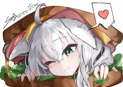  1girl absurdres ahoge animal_ears aqua_eyes blush braid bread bread_slice cheese closed_mouth commentary_request dated dated_commentary facing_viewer food fox_ears fox_girl fox_tail ham heart highres hololive in_food lettuce one_eye_closed oversized_food oversized_object pickle sandwich shirakami_fubuki signature simple_background siw_(siw_0208) speech_bubble spoken_heart tail tomato tomato_slice white_hair 