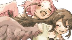  2girls bird_legs blush breasts brown_eyes brown_feathers brown_hair brown_tank_top brown_wings closed_eyes commentary_request feathered_wings feathers harpy kawahara0527 long_hair mon-musu_quest! monster_girl multiple_girls one_eye_closed open_mouth pii_(mon-musu_quest!) pina_(mon-musu_quest!) pink_feathers pink_wings siblings simple_background sisters tank_top teeth tongue upper_teeth_only white_background winged_arms wings 
