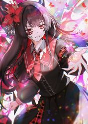  absurdres angry black_hair black_shirt black_skirt bug butterfly colored_inner_hair colorful_background commentary flower hair_flower hair_ornament highres himmel_gewalt long_hair looking_at_viewer mahou_shoujo_no_majo_saiban melting multicolored_hair necktie nikaido_hiro outstretched_hand red_eyes red_hair red_necktie sailor_collar shirt skirt untranslatable_commentary 