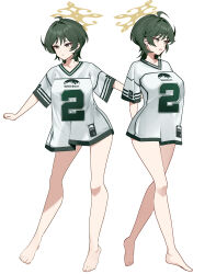  absurdres blue_archive bottomless breasts commentary_request full_body fuyu_(blue_archive) green_hair halo highres jersey shibazakie shirt short_hair white_shirt 