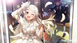  2girls :d ;d arm_up black_dress broom card_commentary commentary_request dress falling_feathers feathers from_outside game_asset gloves holding holding_broom idolmaster idolmaster_million_live! idolmaster_million_live!_theater_days indoors jewelry low_wings multiple_girls necklace official_alternate_costume official_alternate_hair_color official_art ogami_tamaki one_eye_closed one_side_up open_mouth open_window orange_eyes purple_hair shiraishi_tsumugi smile third-party_source white_dress white_gloves white_hair white_wings window wings 
