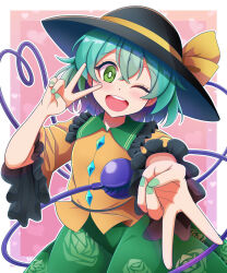  1girl :d ;d black_hat blush bow bright_pupils buttons collared_shirt commentary_request diamond_button disembodied_linked_eye double_v eyeball floral_print frilled_shirt_collar frilled_sleeves frills green_eyes green_hair green_nails green_skirt hat hat_bow heart heart_of_string highres kisaragi_koushi koishi_day komeiji_koishi long_sleeves medium_hair one_eye_closed outline print_skirt rose_print shirt skirt smile solo touhou v white_outline white_pupils wide_sleeves yellow_bow yellow_shirt 