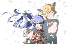  1boy 1girl adrien_agreste animal_ears arm_around_shoulder bell blonde_hair blue_hair bodysuit bouquet cat_ears chat_noir commentary english_commentary eye_mask falling_petals flower head_wreath highres holding holding_bouquet ladybug_(miraculous_ladybug) long_hair marinette_dupain-cheng mask miraculous_ladybug neck_bell petals polka_dot_bodysuit red_flower red_rose rose seio_(nao_miragggcc45) short_hair smile watermark wedding white_background white_bodysuit white_flower white_petals white_rose 