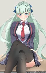  1girl black_jacket black_skirt black_thighhighs blue_eyes blunt_bangs breasts closed_mouth commentary_request crossed_legs dated desk eyebrows_hidden_by_hair feet_out_of_frame green_hair grey_background hair_intakes highres jacket large_breasts long_hair long_sleeves looking_at_viewer lydian_academy_school_uniform necktie on_desk plaid_clothes plaid_skirt red_necktie saint-germain_(symphogear) school_uniform senki_zesshou_symphogear shu_(syuh9029) signature simple_background sitting skirt smile solo thigh-highs tri_tails twitter_username very_long_hair 