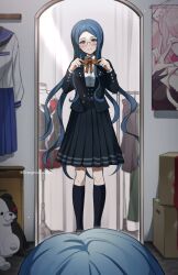  1girl black_socks blue_hair blush bow bowtie box breasts buttons collared_jacket collared_shirt commentary danganronpa_(series) danganronpa_v3:_killing_harmony doughnut_(smmp4848) enoshima_junko eyelashes full-length_mirror glasses green_eyes highres jacket kneehighs long_hair long_sleeves looking_at_mirror mannequin mirror monokuma orange_bow orange_bowtie orange_ribbon pleated_skirt poster_(object) reflection ribbon round_eyewear school_uniform shirogane_tsumugi shirt skirt smile socks solo standing stuffed_animal stuffed_toy teddy_bear twitter_username tying_ribbon unworn_clothes very_long_hair wavy_hair white_shirt 