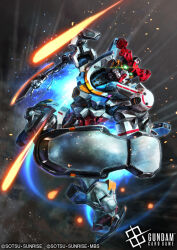  battle commentary_request copyright_notice english_text glowing glowing_eyes glowing_hot gquuuuuux green_eyes gundam gundam_card_game gundam_gquuuuuux heat_hawk hukutuuprunes logo mecha mecha_focus mobile_suit motion_lines nebula no_humans official_art realistic robot science_fiction shield space star_(sky) sunrise_(company) thrusters title v-fin war zero_gravity 