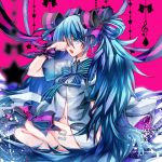  :o bare_legs blue_eyes blue_hair blurry bow depth_of_field fuu_takara hair_bow hatsune_miku houhou_(black_lack) large_bow legs long_hair navel no_pants number open_clothes open_mouth open_shirt pink_background rubbing_eyes sitting solo striped twintails unbuttoned very_long_hair vocaloid wink yokozuwari 