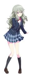  1girl black_socks blazer blue_jacket blue_skirt bow bowtie breasts brown_shoes buttons clenched_hands closed_mouth collared_shirt colorful_palette commentary diagonal-striped_bow diagonal-striped_bowtie diagonal-striped_clothes dot_nose english_commentary expressionless full_body game_asset green_eyes hair_flaps highres jacket kamiyama_high_school_uniform_(project_sekai) kneehighs kusanagi_nene lapels loafers long_hair long_sleeves looking_at_viewer low-tied_sidelocks miniskirt notched_lapels official_art plaid_clothes plaid_skirt pleated_skirt pocket project_sekai school_uniform shirt shoes sidelocks simple_background skirt small_breasts socks solo split_mouth standing striped_bow striped_bowtie striped_clothes tachi-e third-party_source transparent_background violet_eyes white_shirt 