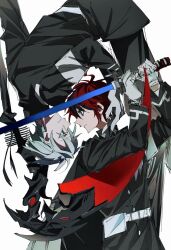  2boys ahoge aotsuki_eito black_cape black_jacket black_pants blue_eyes cape closed_mouth commentary frown gloves highres holding holding_scythe holding_sword holding_weapon jacket last_defense_academy_school_uniform looking_at_another male_focus multiple_boys ngkttwmrvvg pants red_hair school_uniform scythe simple_background smile sumino_takumi sword the_hundred_line_-last_defense_academy- upside-down weapon white_background white_gloves white_hair 