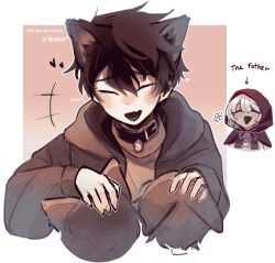  4boys :d absurdres akinashi_haru animal_ear_fluff animal_ears arrow_(symbol) artist_name bell belt_collar black_collar black_jacket blush blush_stickers border brown_shoes capelet closed_eyes collar commentary dog_ears english_text fang french_text gradient_background hair_between_eyes headpat highres hood hood_down hooded_capelet hooded_jacket jacket kemonomimi_mode long_sleeves male_focus medium_hair mixed-language_text multiple_boys neck_bell open_mouth outline outside_border parted_bangs red_background red_hood saihate_eki shirt shoes short_hair sidelocks skin_fang smile tatsunami_shion tosteurmori watermark white_border white_hair white_outline white_shirt 