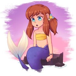  1girl :o a_hat_in_time blue_eyes bracelet brown_hair chest_sarashi child collarbone commentary english_commentary hair_tie hat_kid highres jewelry long_hair looking_at_tail merfolk mermaid mermay_2020 midriff missing_headwear monster_girl monsterification navel parted_lips ponytail purple_tail rock sarashi sidelocks sitting solo star_(symbol) xyronii 