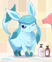  absurdres bathroom blue_eyes blue_fur blush bright_pupils glaceon gloves hair_dryer highres komanychi looking_at_viewer multicolored_gloves no_humans one_eye_closed pokemon pokemon_(creature) shampoo solo tail tile_wall tiles two-tone_gloves white_pupils 
