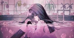 1girl bathtub black_hair black_sailor_collar black_skirt black_socks blunt_bangs blush closed_mouth commentary_request faucet flower flower_request from_side hair_ornament hands_on_own_knees highres indoors kneehighs knees_up long_hair long_sleeves looking_at_viewer original partially_submerged petals pink_flower pink_petals pink_rose pink_shirt pink_water rose sabata_han sailor_collar school_uniform shirt sidelocks sitting skirt socks solo tearing_up turning_head vase water wet wet_clothes wet_hair x_hair_ornament yellow_petals 