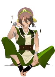  1girl armlet artist_name avatar:_aang_the_last_airbender avatar_legends belt black_hair blind bracelet chishu04 collarbone commentary element_bending floating_rock geokinesis green_hairband green_pants green_tunic grey_eyes hair_bun hairband highres jewelry pants short_hair single_hair_bun sitting smile tassel toes toned toned_female toph_beifong tunic untranslatable_commentary 