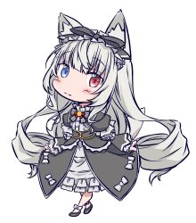  1girl :3 animal_ear_fluff animal_ears asagi501 black_shoes blue_eyes blunt_bangs blush bow character_name chibi commentary_request dress dress_bow drill_hair flat_chest fox_ears fox_girl frilled_dress frilled_ribbon frilled_sleeves frills full_body grey_dress hair_ribbon heterochromia highres holding_own_dress long_dress long_hair long_sleeves original red_eyes ribbon shoes simple_background smile solo split_mouth twin_drills two-tone_dress very_long_hair vrchat white_background white_bow white_dress white_hair yellow_trim 