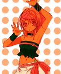  armpits arms_up collar female flat_chest headband king_of_fighters lowres midriff momoko navel orange_hair red_eyes short_hair snk solo takamoriwako tubetop wristband 