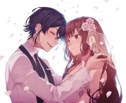  1boy 1girl black_necktie breasts brown_eyes brown_hair check_commentary closed_mouth collared_shirt commentary_request commission detached_sleeves dress eye_contact flower fujimi_nanna hair_flower hair_ornament highres light_blush long_hair looking_at_another medium_breasts medium_hair necktie open_mouth shirt skeb_commission smile stroking_hair tearing_up teeth upper_teeth_only wedding_dress white_background white_dress white_shirt 