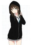  1girl :p blush brown_hair green_eyes hand_in_pocket hoodie idolmaster idolmaster_cinderella_girls long_hair looking_at_viewer necktie school_uniform shibuya_rin skirt smile solo tongue tongue_out yukiu_kon 