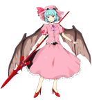 blue_hair bonnet dress frills ginsa hat high_heels highres polearm red_eyes remilia_scarlet shoes short_hair smile spear spear_the_gungnir touhou transparent_background weapon wings 