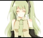  bad_id closed_eyes detached_sleeves green_hair hatsune_miku long_hair mono_(recall) necktie simple_background smile solo twintails vocaloid 