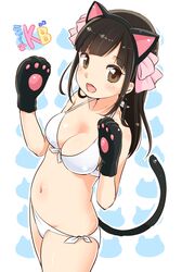  1girl animal_ears bikini black_hair breasts brown_hair cat_ears cat_tail character_request cleavage fang front-tie_top gloves hair_ribbon large_breasts looking_at_viewer navel open_mouth paw_gloves ribbon side-tie_bikini smile solo swimsuit tail white_bikini white_swimsuit yukiu_kon 