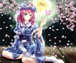  full_moon hat japanese_clothes kimono kneeling moon oimari petals pink_eyes pink_hair saigyouji_yuyuko short_hair solo touhou tree 