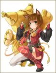  animal_ears asymmetrical_clothes asymmetrical_clothing brown_hair gloves green_eyes mismatched_footwear mismatched_legwear rick_(artist) rick_(milklion) rita_mordio short_hair squatting tales_of_(series) tales_of_the_abyss tales_of_vesperia tokunaga white_background 