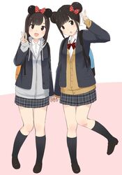  2girls black_hair blazer brown_eyes cardigan hair_bun hoodie multiple_girls open_mouth original short_hair skirt smile v yukiu_kon 