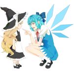  blonde_hair blue_eyes blue_hair bow cirno hair_bow hat kirisame_marisa long_hair morino multiple_girls role_reversal short_hair touhou wings witch_hat young 