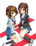  cardigan garickson genderswap h hair_ribbon hairband kneehighs kyonko long_hair ponytail ribbon school_uniform shoes short_hair socks suzumiya_haruhi suzumiya_haruhi_no_yuuutsu uwabaki 