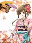  brown_eyes brown_hair butterfly fan flower frills hair_ornament japanese_clothes kimono leaf leaves maple_leaf open_mouth original payot sakura_(lilak_a) sakura_(pixiv263198) smile solo 
