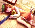  brown_hair cat_ears cat_tail chen dutch_angle earrings hat jewelry lying multiple_tails on_side red_eyes sakura_ani short_hair solo syanayuuji tail tatami touhou 