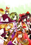  alice_margatroid arioto black_hair blonde_hair bow brown_hair clarinet cymbals french_horn frog green_hair hair_bow hair_ornament hakurei_reimu hat highres horns ibuki_suika instrument kirisame_marisa kochiya_sanae orange_hair saxophone shameimaru_aya shanghai_doll touhou trumpet witch_hat 