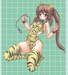  brown_hair collar kneeling leash little_busters!! long_hair natsume_rin one-piece_swimsuit ponytail red_eyes swimsuit tail thigh-highs thighhighs tiger_ears tiger_print tiger_tail yo-jin 