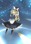  apron blonde_hair boots bow braid broom broom_riding buttons dress hair_bow hair_ribbon hand_on_hat hat highres kirisame_marisa long_hair night night_sky no_nose ribbon shirogane_usagi sky solo star star_(sky) starry_sky touhou witch_hat 