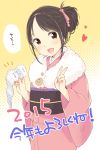  1girl 2015 blush hair_ornament highres japanese_clothes kimono looking_at_viewer new_year omikuji open_mouth original short_hair smile solo v yukiu_kon 