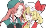  2girls asakura_noi blonde_hair face flandre_scarlet hong_meiling multiple_girls redhead smile touhou white_background 