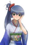  bad_id blue_hair galaxy_angel green_eyes japanese_clothes karasuma_chitose kimono long_hair nyama ponytail 