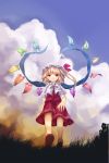  1girl bad_id bad_pixiv_id blonde_hair blue_sky blush cloud cloudy_sky day evening flandre_scarlet grass hat looking_at_viewer mewkoala mob_cap outdoors photoshop_(medium) plant puffy_short_sleeves puffy_sleeves red_eyes shoes short_hair short_sleeves side_ponytail sky socks solo touhou walking wings 